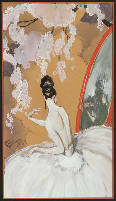 Jean-Gabriel DOMERGUE - An Elegant Woman at a Mirror, under a Spray of Wisteria | MasterArt